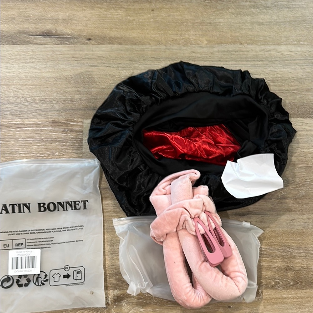Black Satin Bonnet with Pink hair accessories